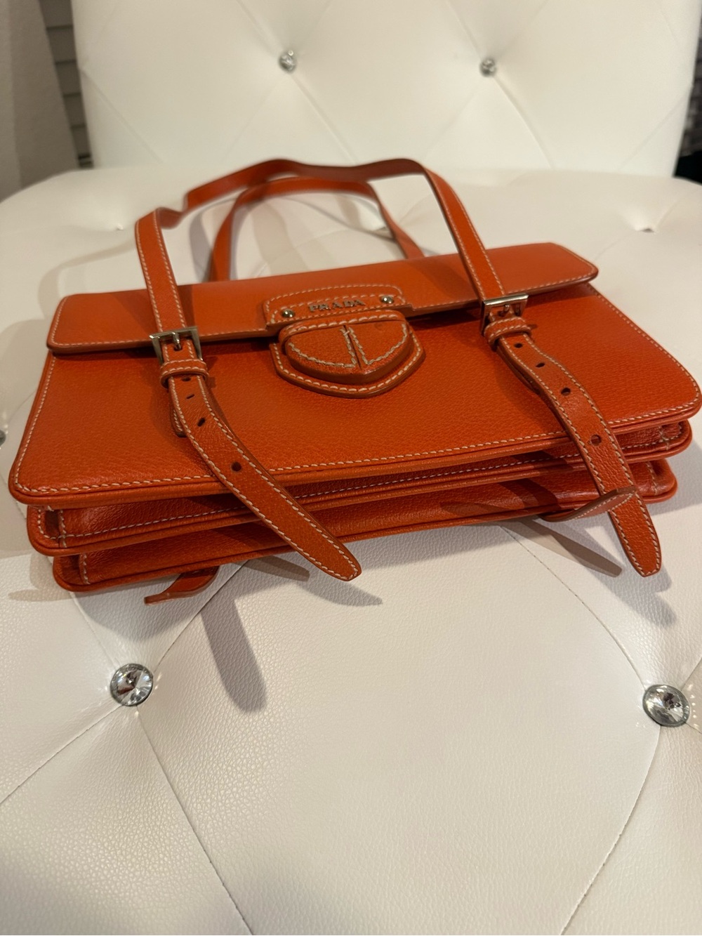 Prada Orange Double-Strap Leather Shoulder Bag - Vintage - Picture 6 of 13